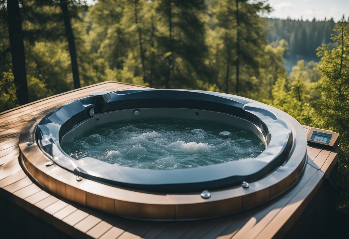 A jacuzzi with bubbling water, surrounded by trees and a clear sky. An electricity meter shows high usage