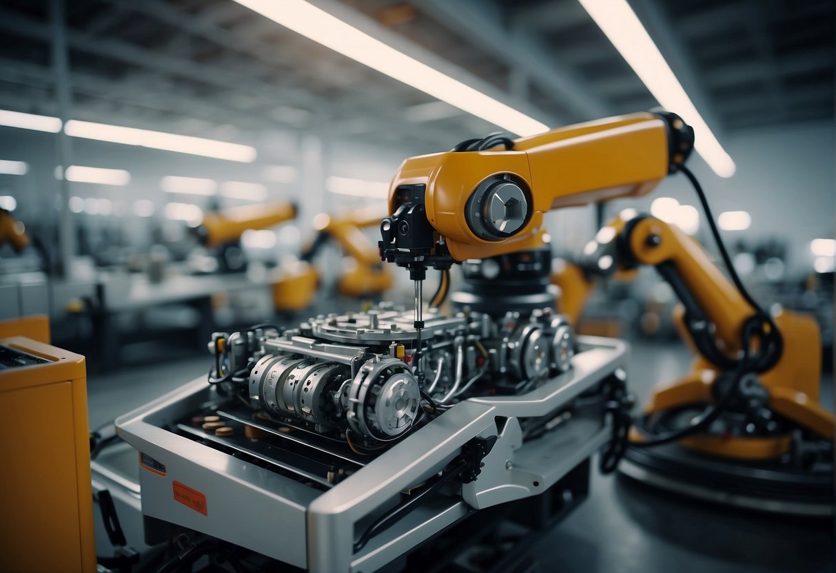 AI-driven robots assembling futuristic car parts in a high-tech factory