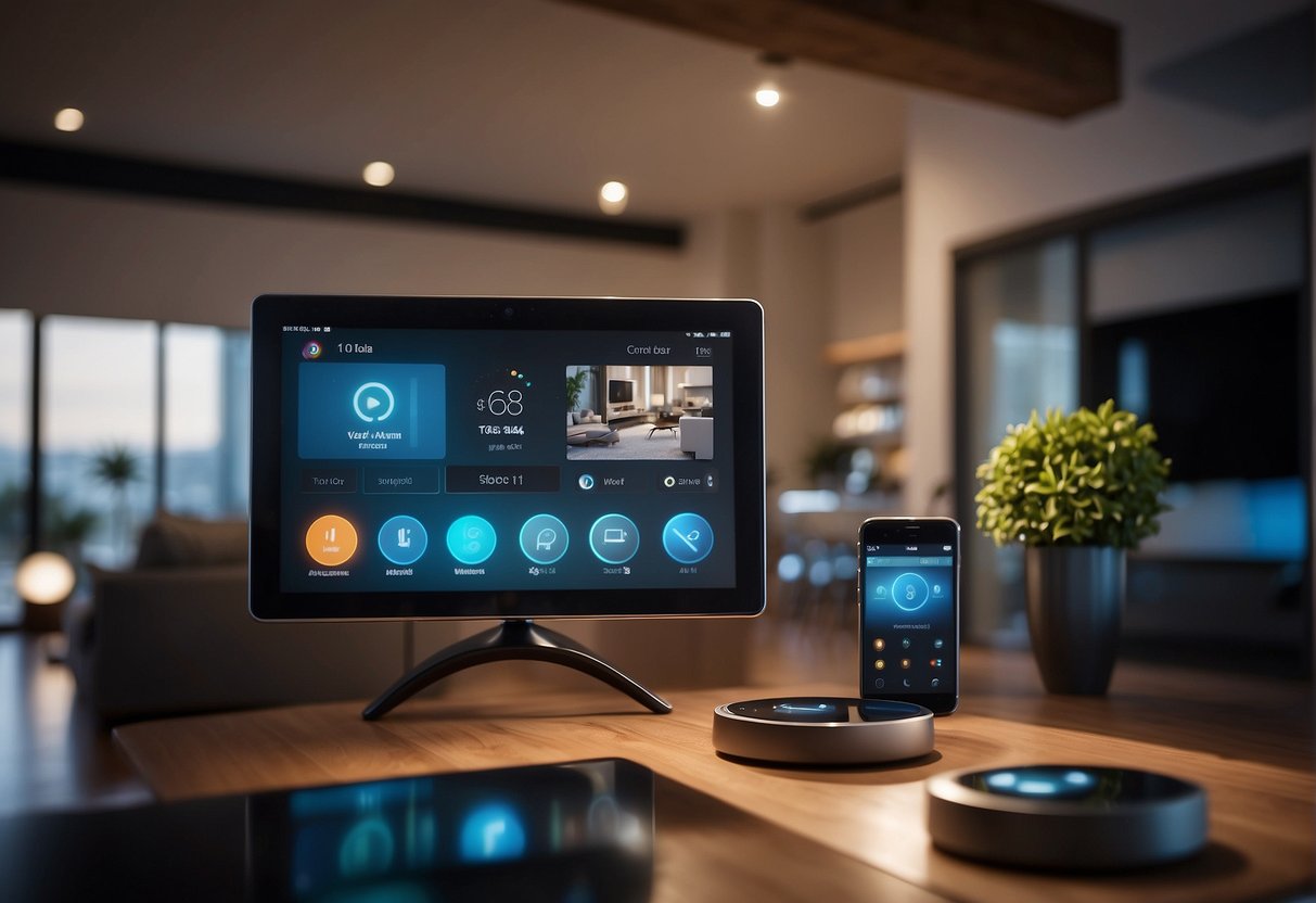 The smart home features include voice-activated lights, temperature control, and security cameras. The central hub connects all devices for seamless control