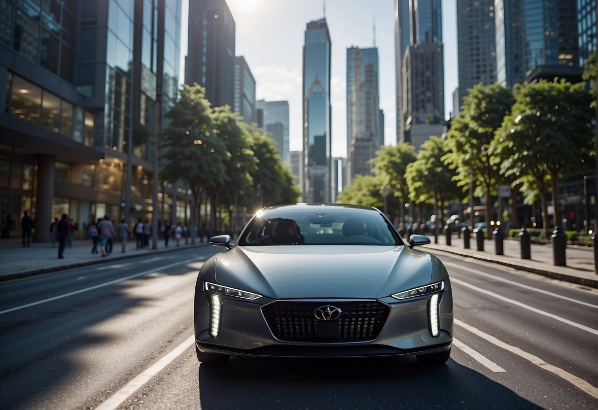 AI revolutionizes automotive industry, with self-driving cars and advanced safety features. Illustrate a futuristic car navigating city streets, with AI technology integrated seamlessly