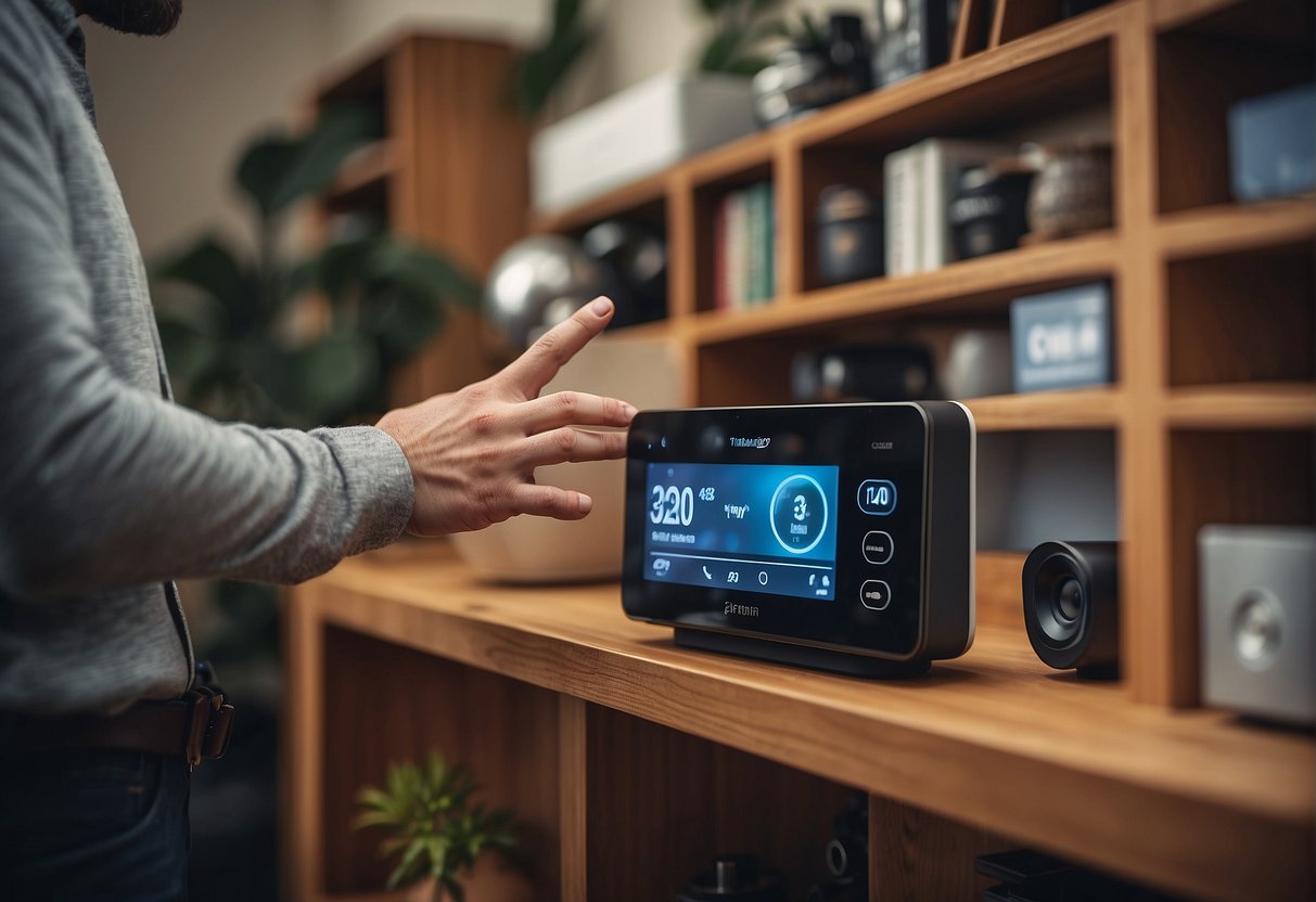 A hand reaches out to select smart home products from a shelf, including a smart speaker, thermostat, and security camera