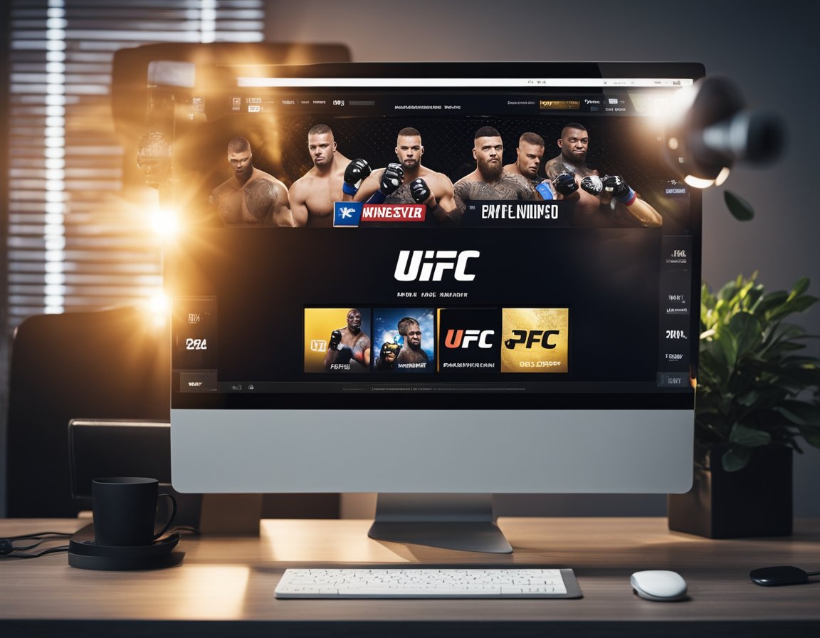 A computer screen displaying a live UFC fight streaming online for free. Icons of social media platforms and a web browser open in the background