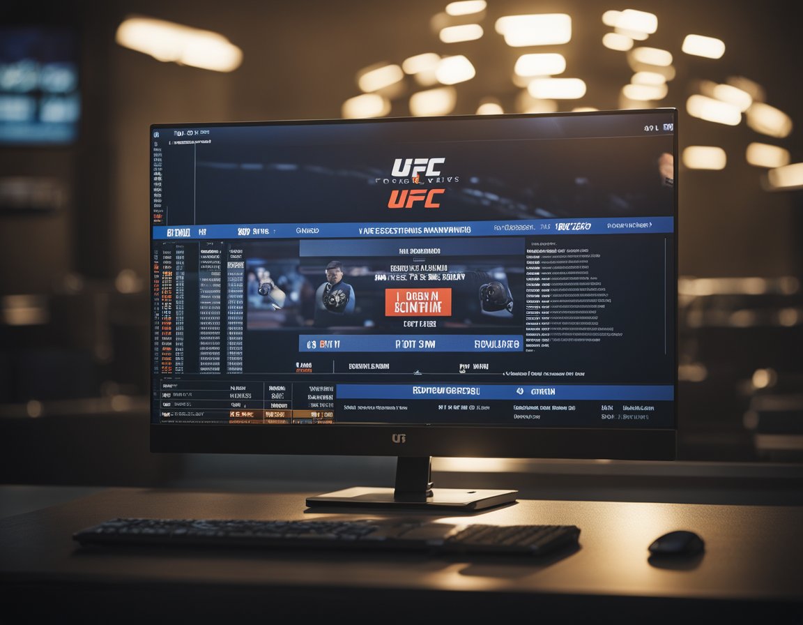 A computer screen showing a live UFC match streaming online, with legal disclaimers and terms displayed