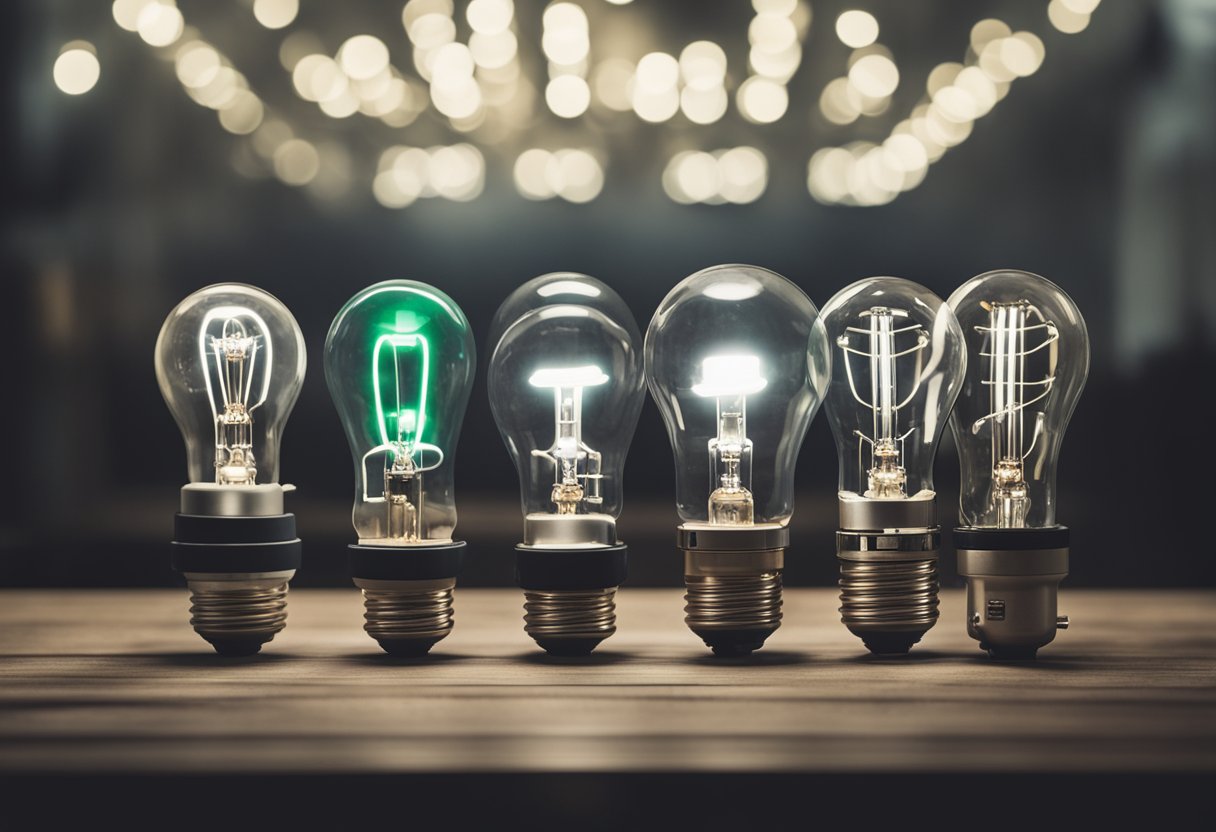 Different types of light bulbs with wattage labels, a power meter measuring electricity usage, and a comparison chart showing energy consumption of each bulb