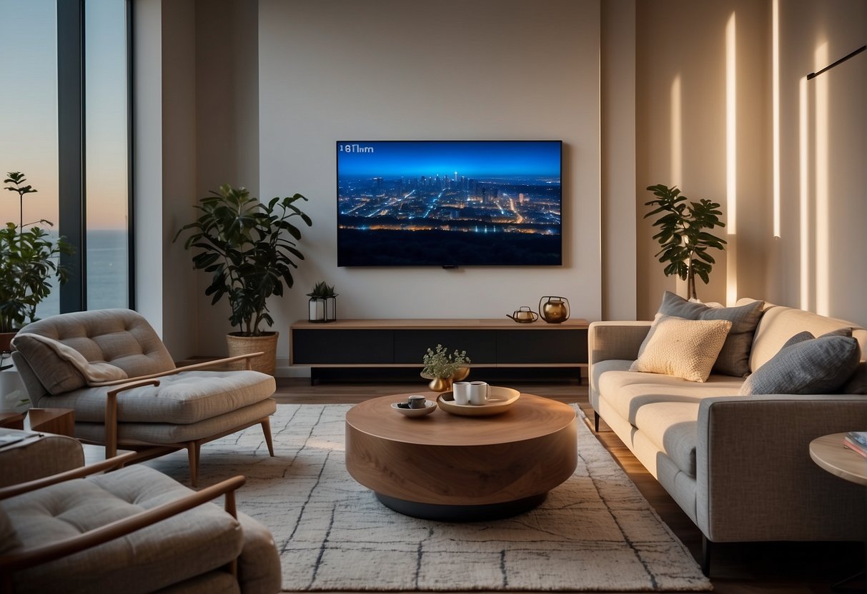 A modern living room with smart home devices like a voice-controlled speaker, smart thermostat, and automated lighting