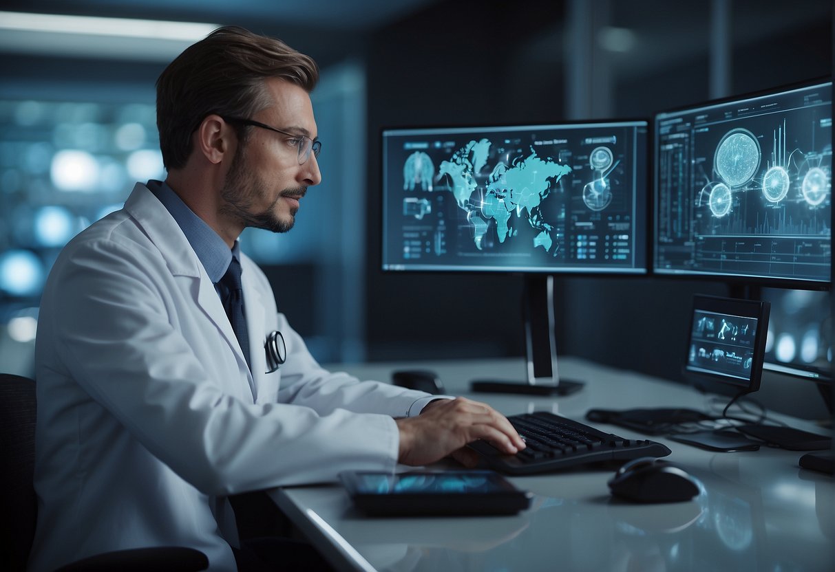 A futuristic AI system analyzes medical data, generating diagnostic reports