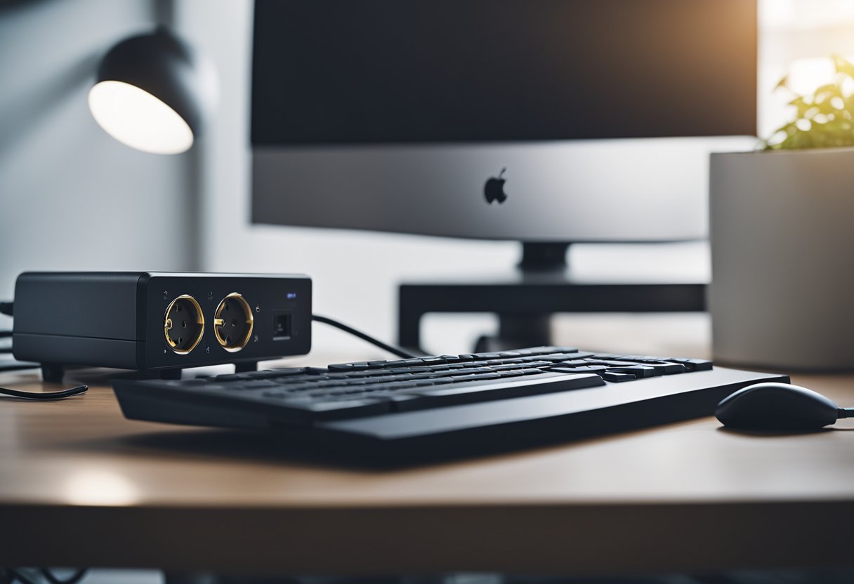 A desktop PC plugged into a power outlet with a power cord connected to the back of the computer