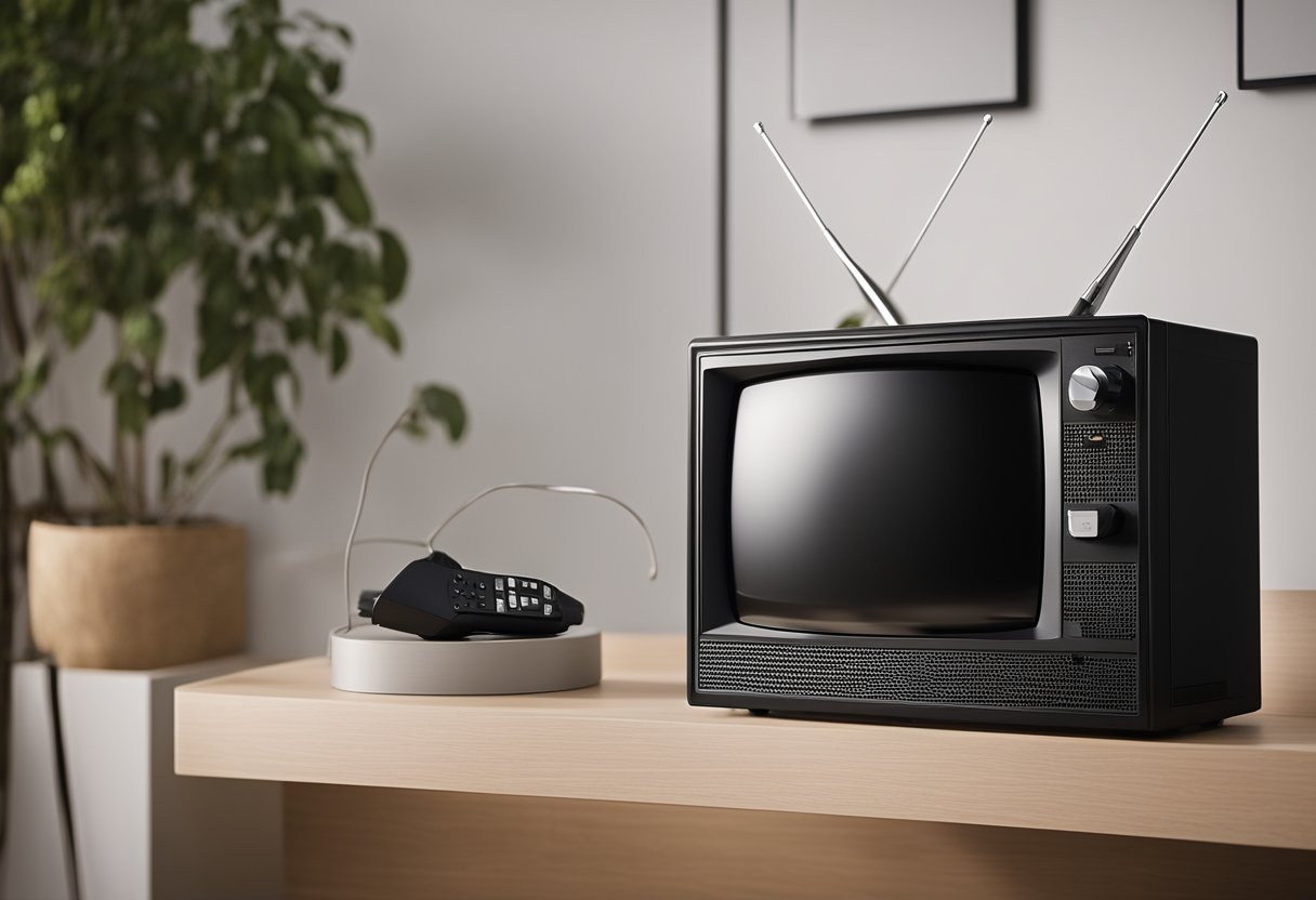 A TV is plugged into a power outlet, with a power cord running from the TV to the outlet. The TV screen is illuminated, indicating it is powered on