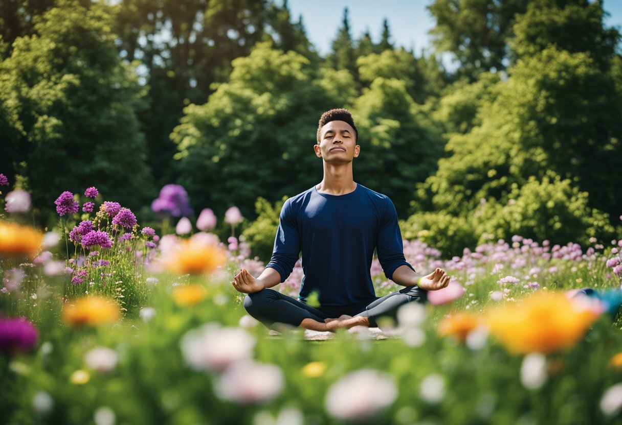 A blooming flower garden with vibrant colors and clear blue skies. A person meditating or practicing yoga in the peaceful setting