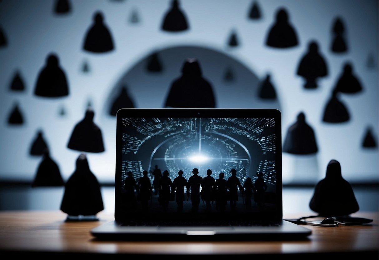 A laptop surrounded by ominous shadowy figures, representing emerging cybersecurity threats