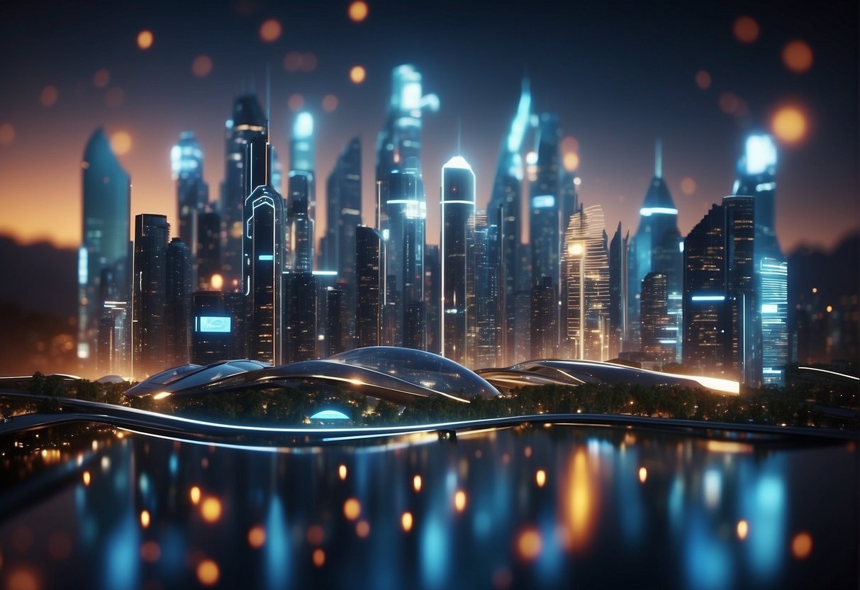 A futuristic cityscape with interconnected devices and data streams, protected by glowing digital shields