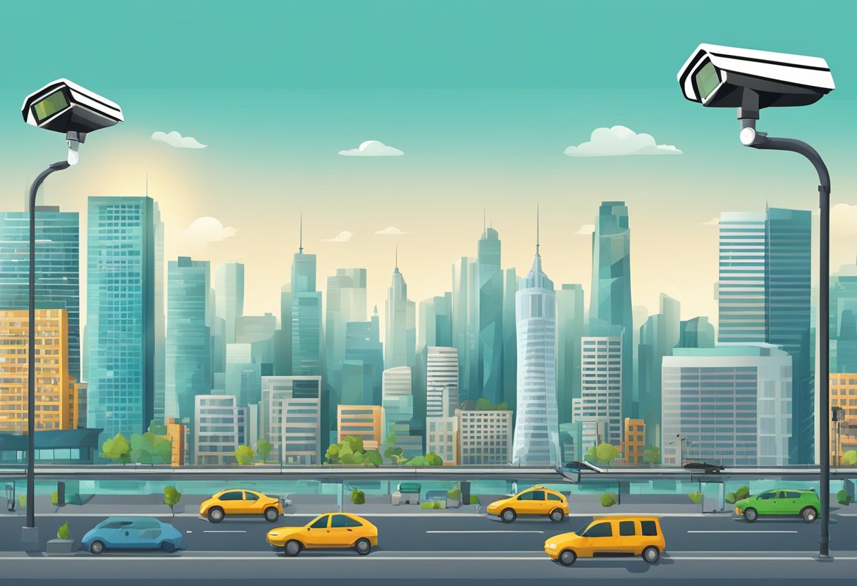 A city skyline with surveillance cameras and sensors monitoring traffic and public spaces for safety and efficiency