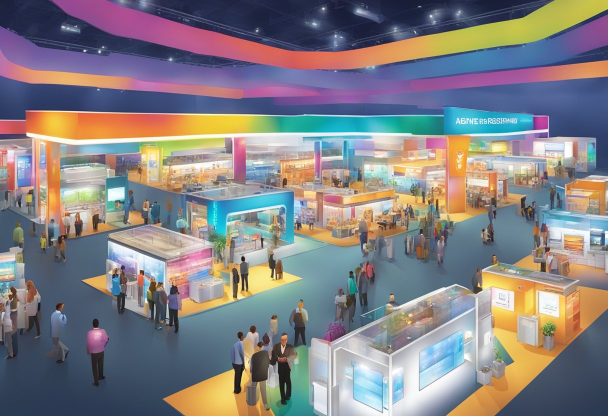 Bright, colorful light bars illuminate a bustling trade show floor, casting a vibrant glow on the various booths and displays