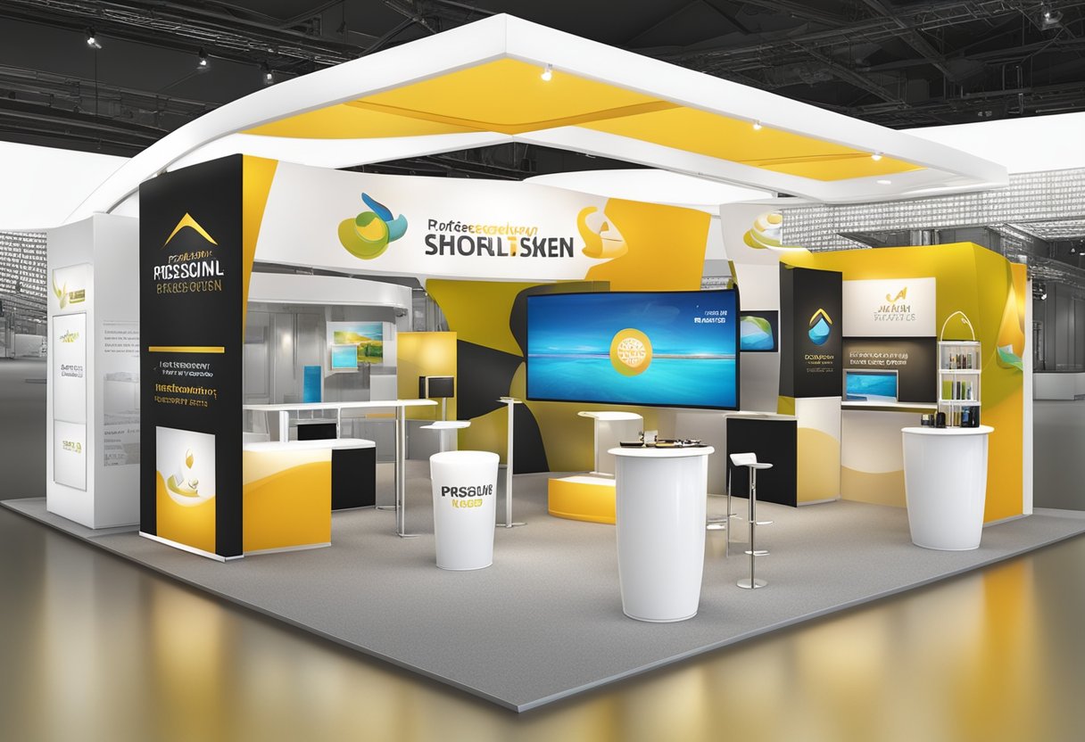 Bright trade show booth with strategically placed light bars illuminating products and signage, creating a professional and inviting atmosphere