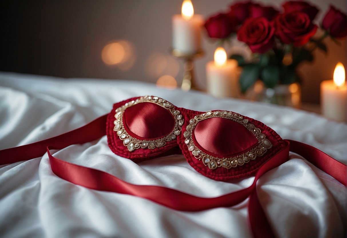 A lacy red thong and matching bra lay on a silk bedspread, surrounded by rose petals and candlelight