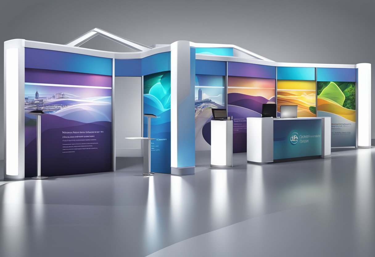 Multiple trade show light bars casting dramatic shadows on sleek exhibition displays. Dynamic angles and vibrant colors enhance the overall visual impact
