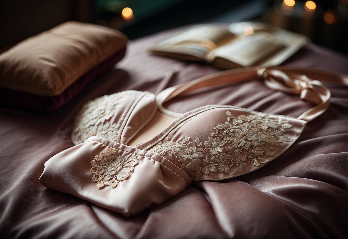 A lace thong and satin bra lay on a velvet cushion, surrounded by delicate sewing materials and fabric swatches