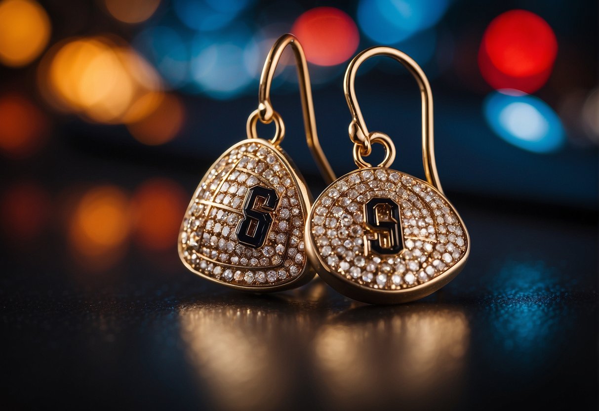 A sparkling earring featuring Michael Jordan's iconic silhouette, surrounded by basketball memorabilia and cultural symbols