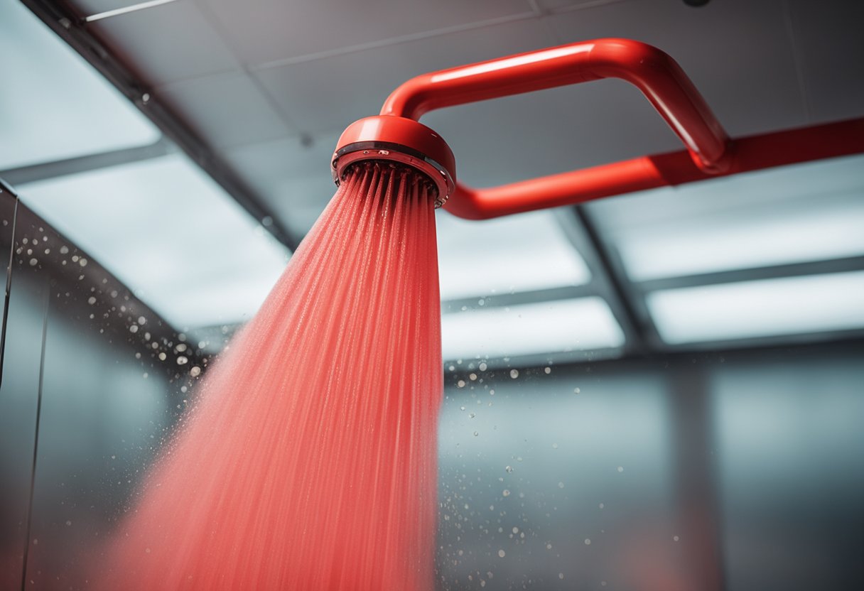 A person pulls the lever on a bright red emergency safety shower, releasing a steady stream of water cascading down from the ceiling onto the floor below