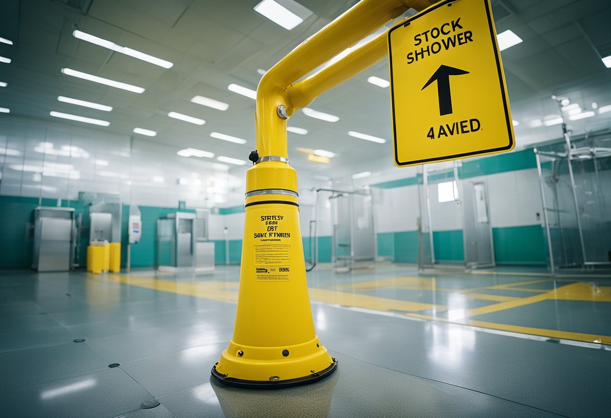 An emergency safety shower stands tall with a large overhead showerhead and a pull handle for activation. It is equipped with a sign indicating its purpose and is surrounded by a bright yellow safety barrier
