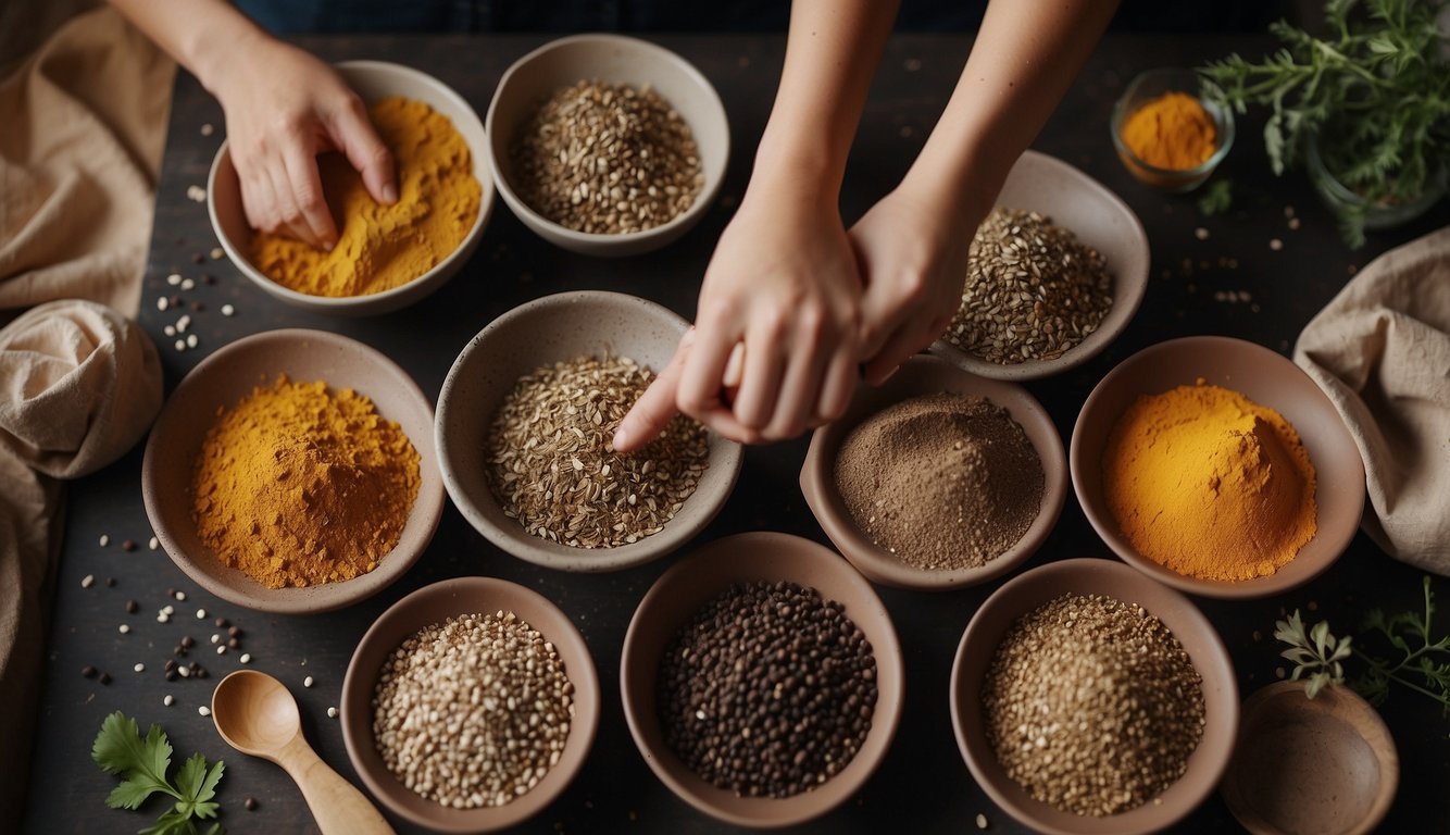 A table with bowls of clay, compost, and wildflower seeds. Hands mixing ingredients, shaping small balls, and letting them dry on a tray