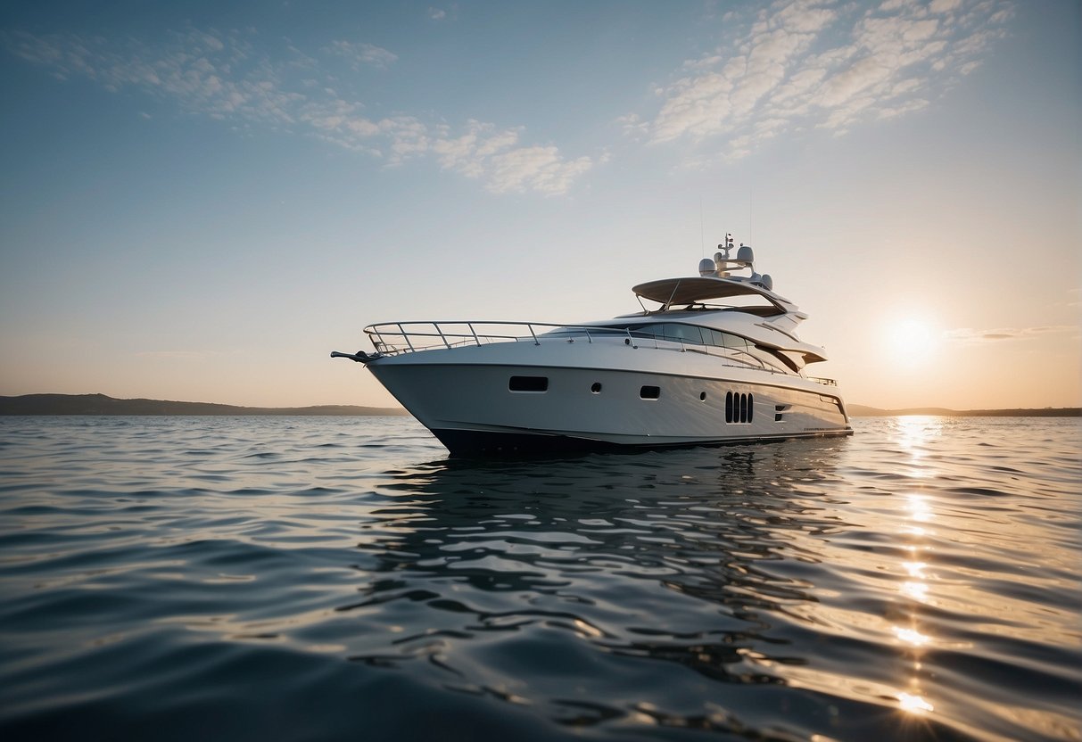 The sleek, luxurious yacht glides through the crystal-clear waters, exuding an air of prestige and opulence. The sun glistens off the polished exterior, while the sound of waves lapping against the hull creates a sense of tranquility