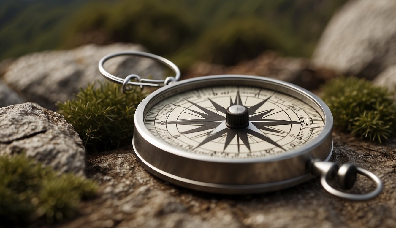 A compass lies on a topographic map, surrounded by rugged terrain and dense forest. The needle points north, while the map shows contour lines and key landmarks