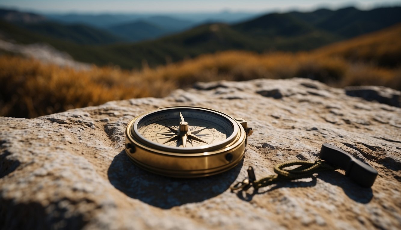 A compass resting on a topographic map, surrounded by hiking gear and a rugged landscape, with the sun casting long shadows