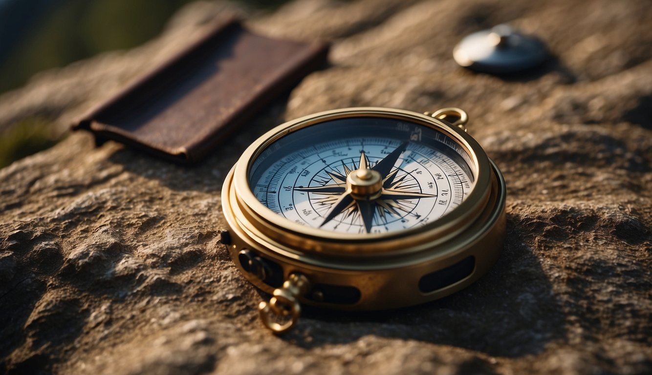 A compass pointing north on a topographic map with surrounding wilderness features like mountains, rivers, and trails