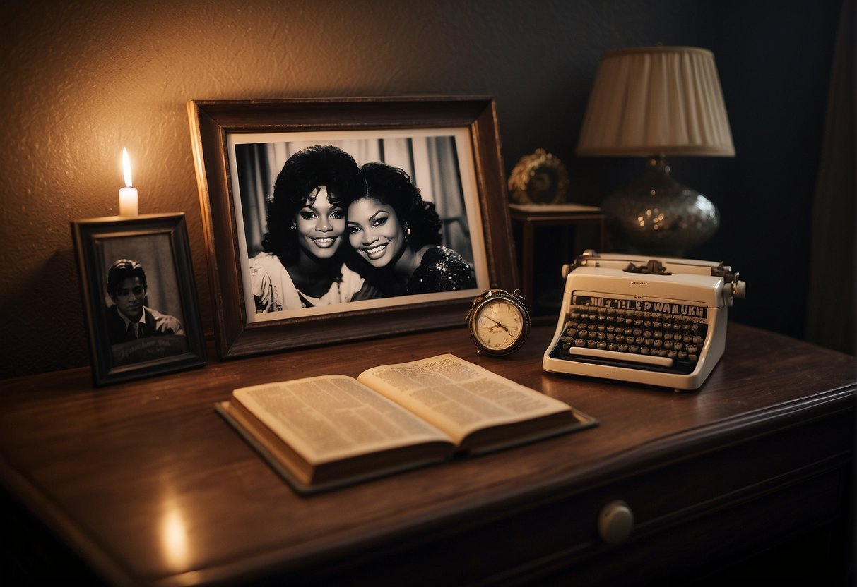 A dimly lit room with a framed photo of MJ and Juanita on a mantelpiece. A stack of letters and a worn journal sit on a cluttered desk