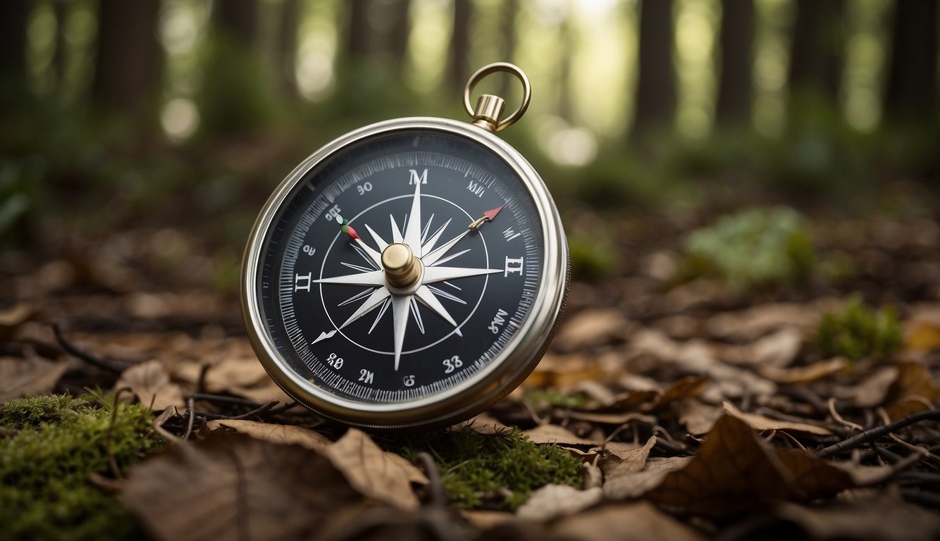 A compass held steady, needle pointing north, as a map lays spread out on the forest floor. Trees surround the scene, with sunlight filtering through the leaves