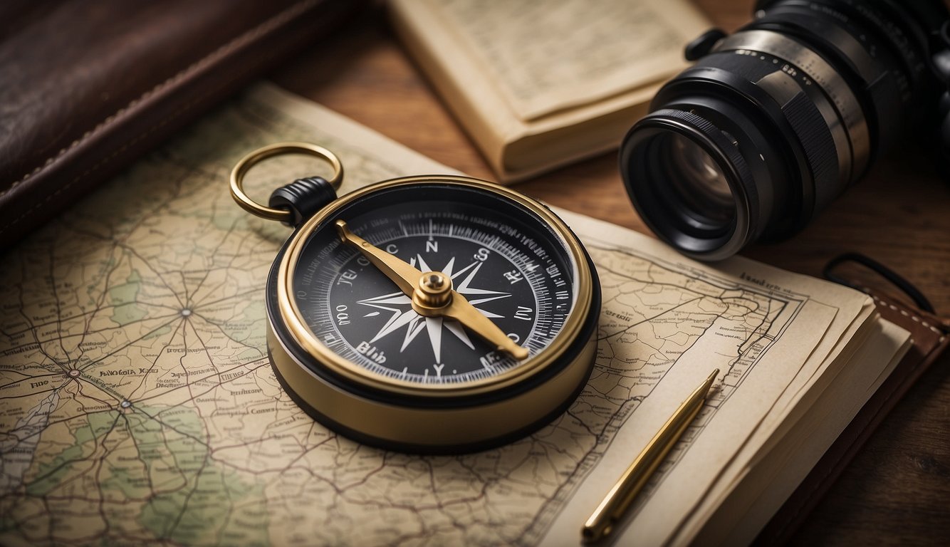 A compass lying on a map, surrounded by a protractor, ruler, and notebook. A backpack and hiking boots sit nearby