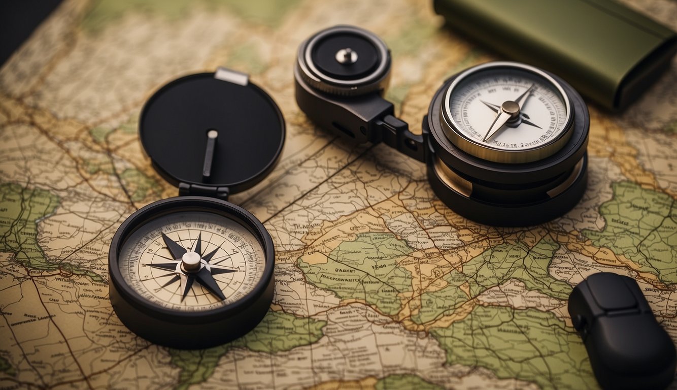 A compass resting on a topographic map, surrounded by various navigation tools and equipment. A hand-drawn route with landmarks and coordinates is visible on the map