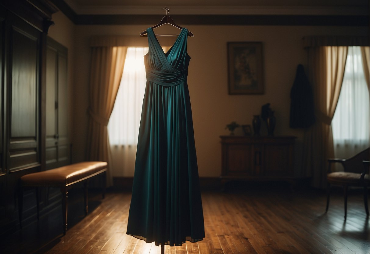 A flowing, elegant long evening dress hangs from a vintage coat rack in a dimly lit room