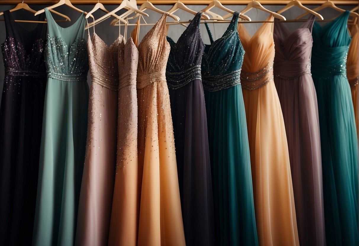 A row of long evening dresses hanging on a rack, varying in styles and colors, with intricate beading and flowing fabrics