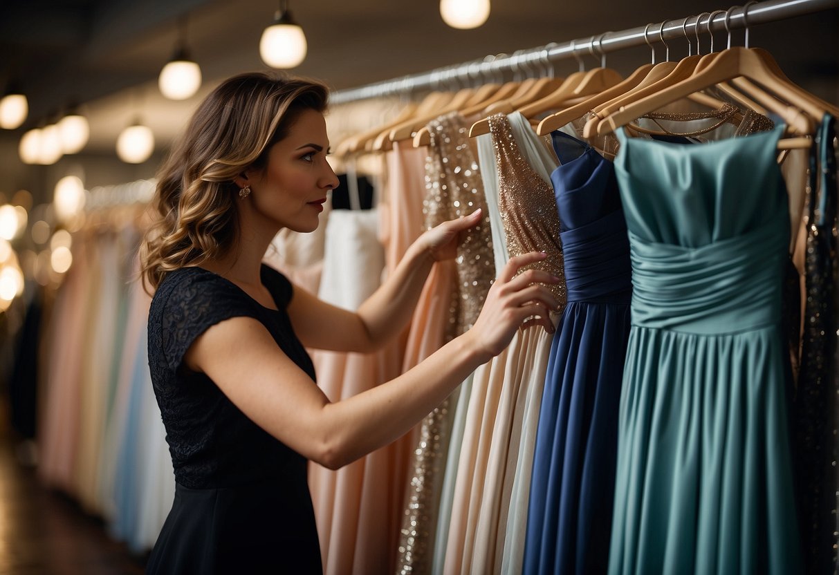 A woman's hand reaches for a long evening dress on a rack, carefully examining the fabric and fit