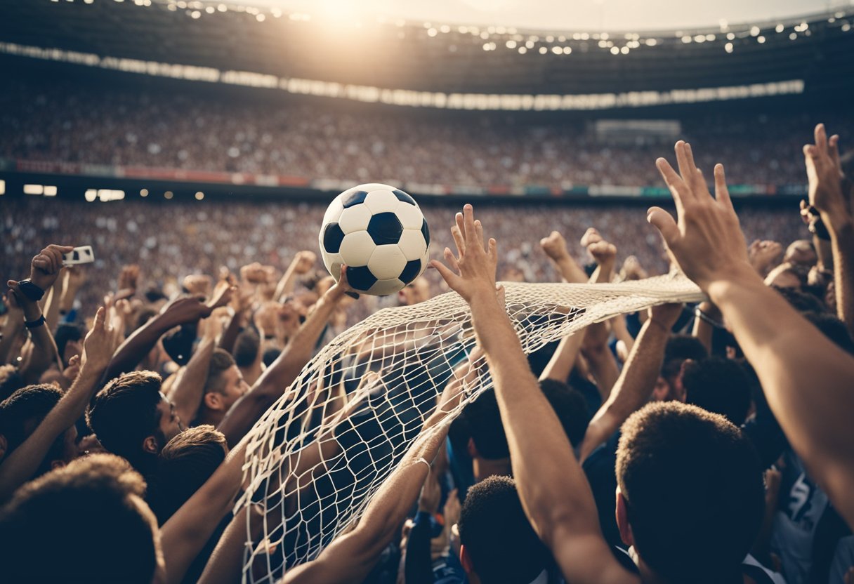 A soccer ball flies into the net, as the crowd erupts in cheers and flags wave in the air at the Eurocopa