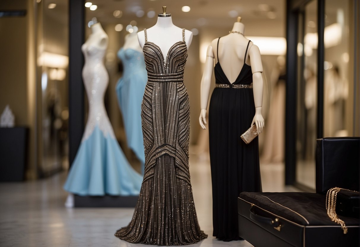 A long evening dress hangs on a mannequin, adorned with sparkling earrings and a shimmering clutch. A pair of strappy heels sits nearby, completing the elegant ensemble