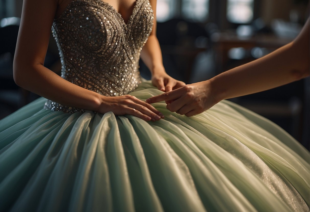 A long evening dress is being gently steamed and brushed to remove wrinkles and maintain its pristine condition