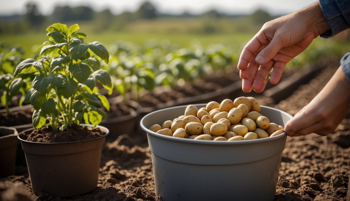 A hand reaches into a bucket, selecting seed potatoes. A diagram shows how to grow potatoes in a bucket