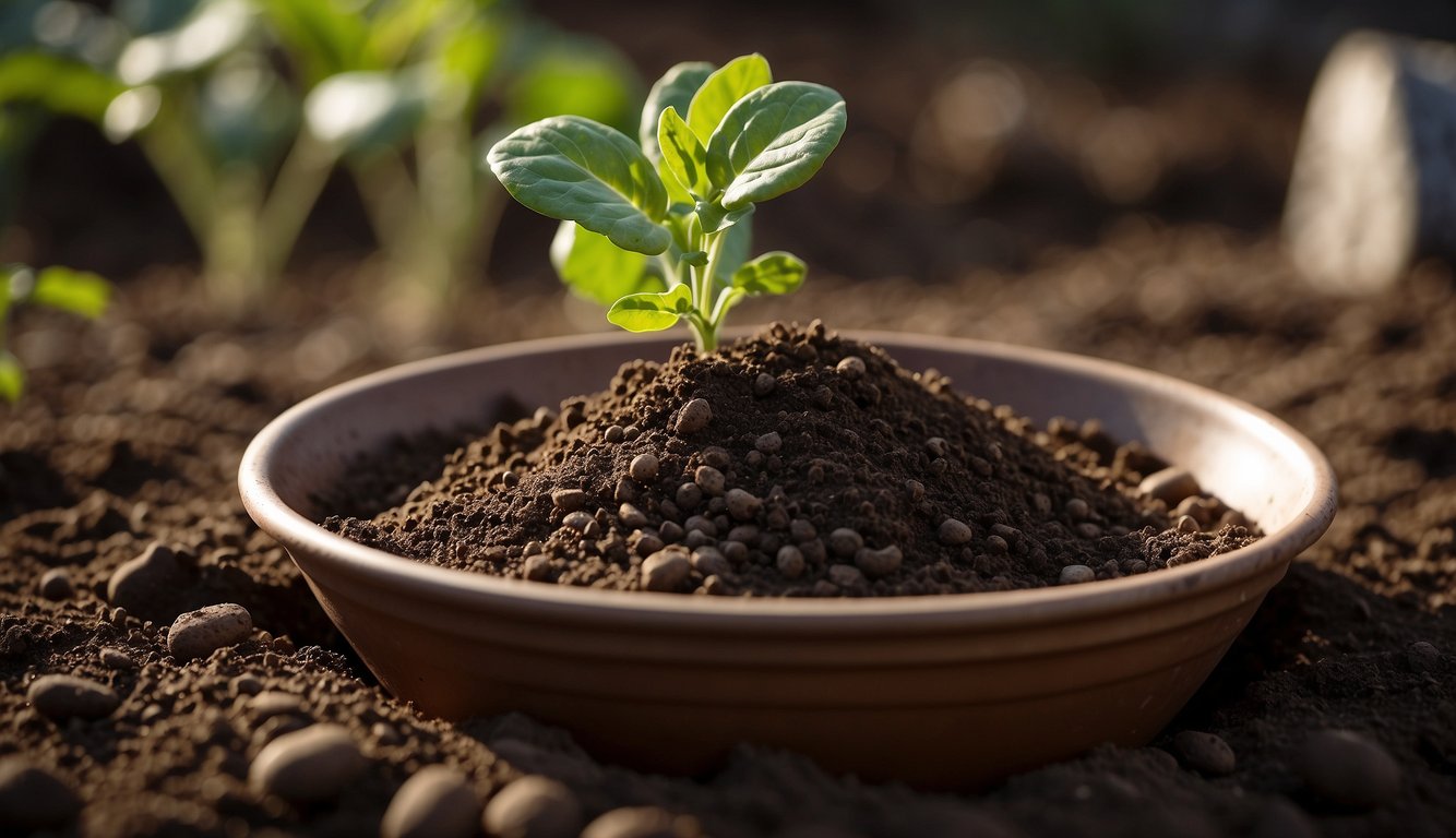 Soil being poured into a bucket, with a small potato plant placed in the center, surrounded by loose soil