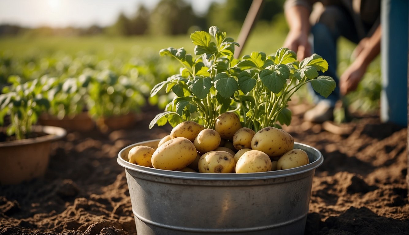 Potatoes growing in a bucket, surrounded by pest and disease management tools