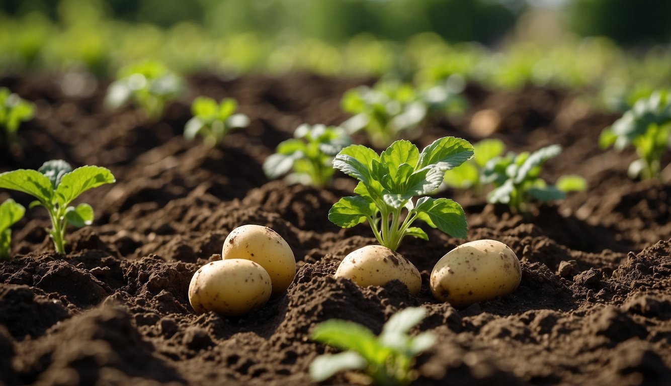 Potatoes being planted in a bucket, surrounded by soil and green leaves, with a shovel nearby for harvesting and storing