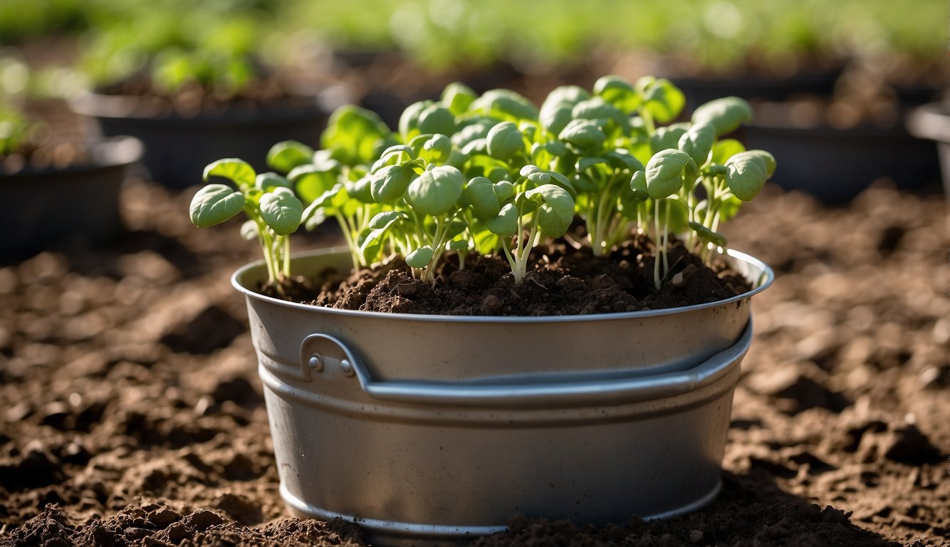 Potatoes growing in a bucket, with soil filled halfway. Green sprouts emerging from the soil. Bucket placed in a sunny location
