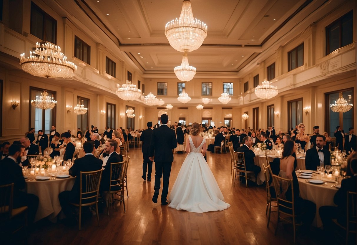 A grand ballroom with elegant decor, guests in formal attire, women in long evening dresses, and men in tuxedos
