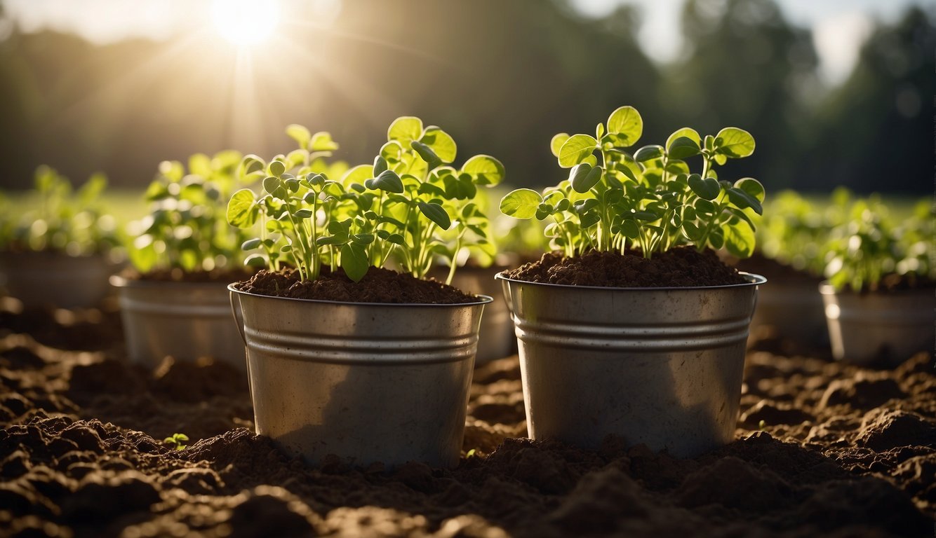 Potatoes growing in a large bucket, with soil and green sprouts emerging. Sunlight illuminates the scene, showcasing the advantages of bucket gardening