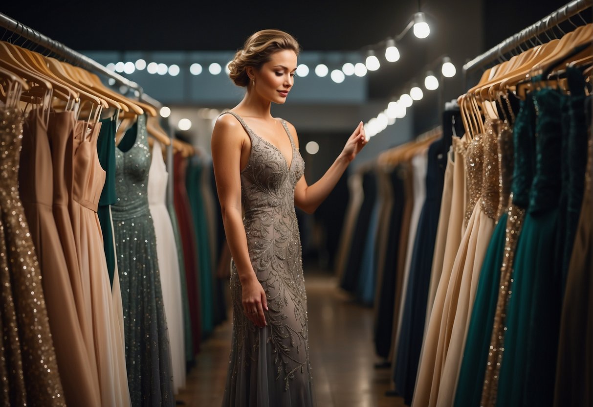 A woman holds a long evening dress while browsing through racks of clothing in a boutique. She carefully inspects the fabric and design, looking for the perfect dress for a special occasion