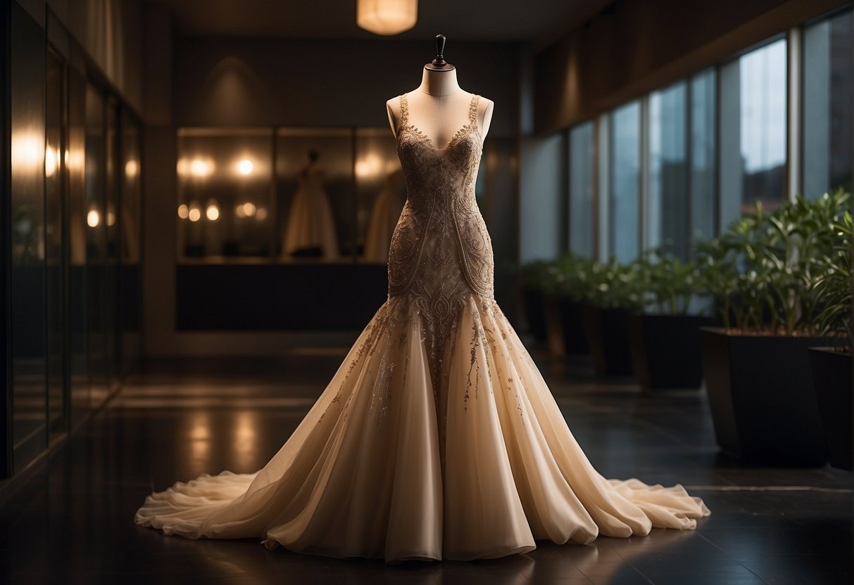 A mannequin stands in a dimly lit room, adorned with a long evening dress. The dress is elegant and sleek, with a high neckline and a flowing skirt, creating a sense of timeless sophistication