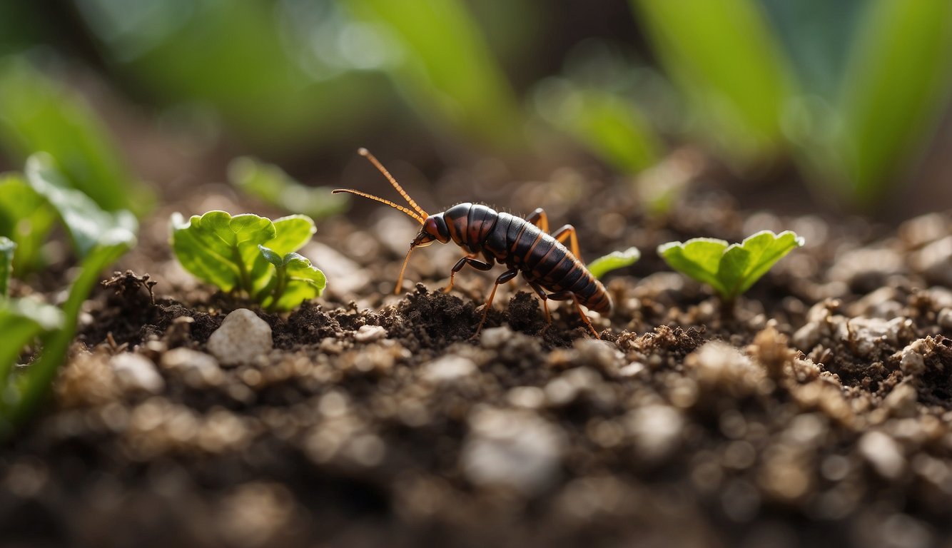 Earwigs trapped under a layer of diatomaceous earth around plants