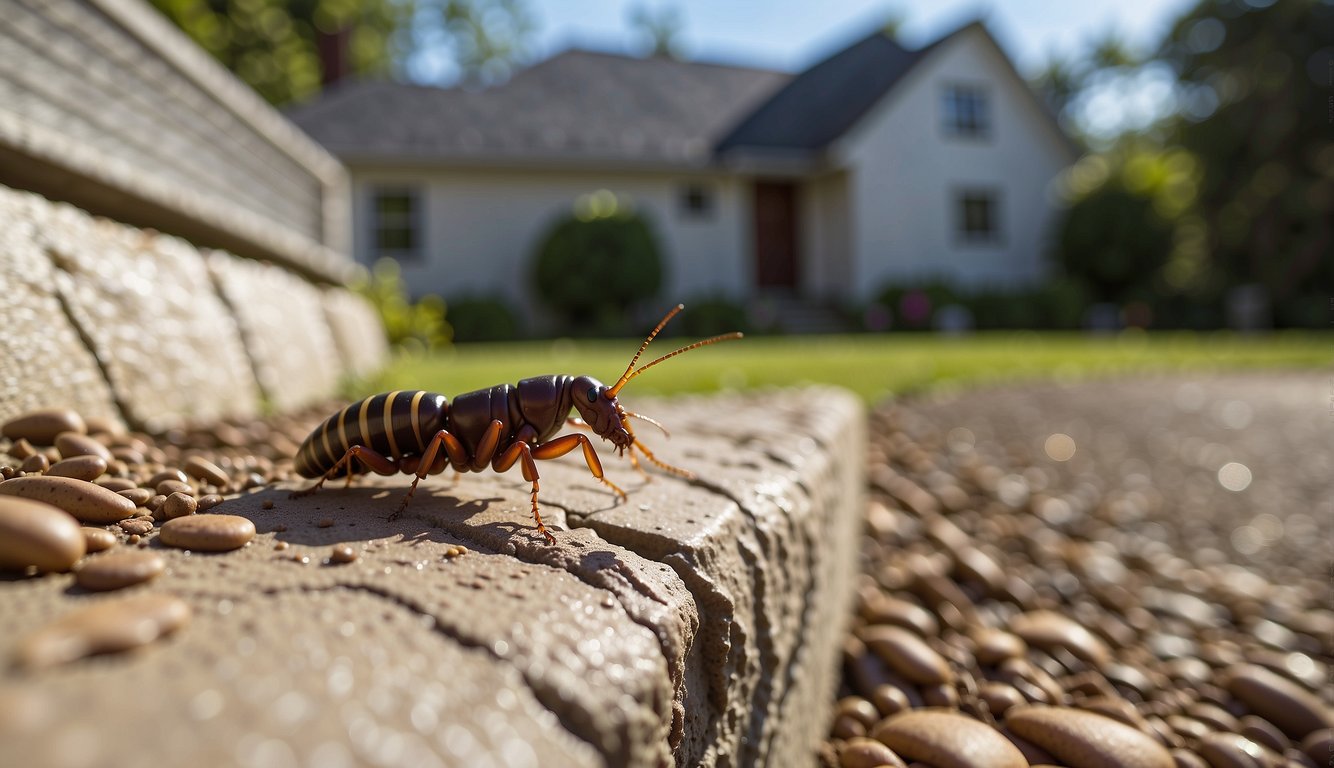Earwigs crawling out of cracks in a home's foundation. A pest control professional spraying insecticide around the perimeter to stop them